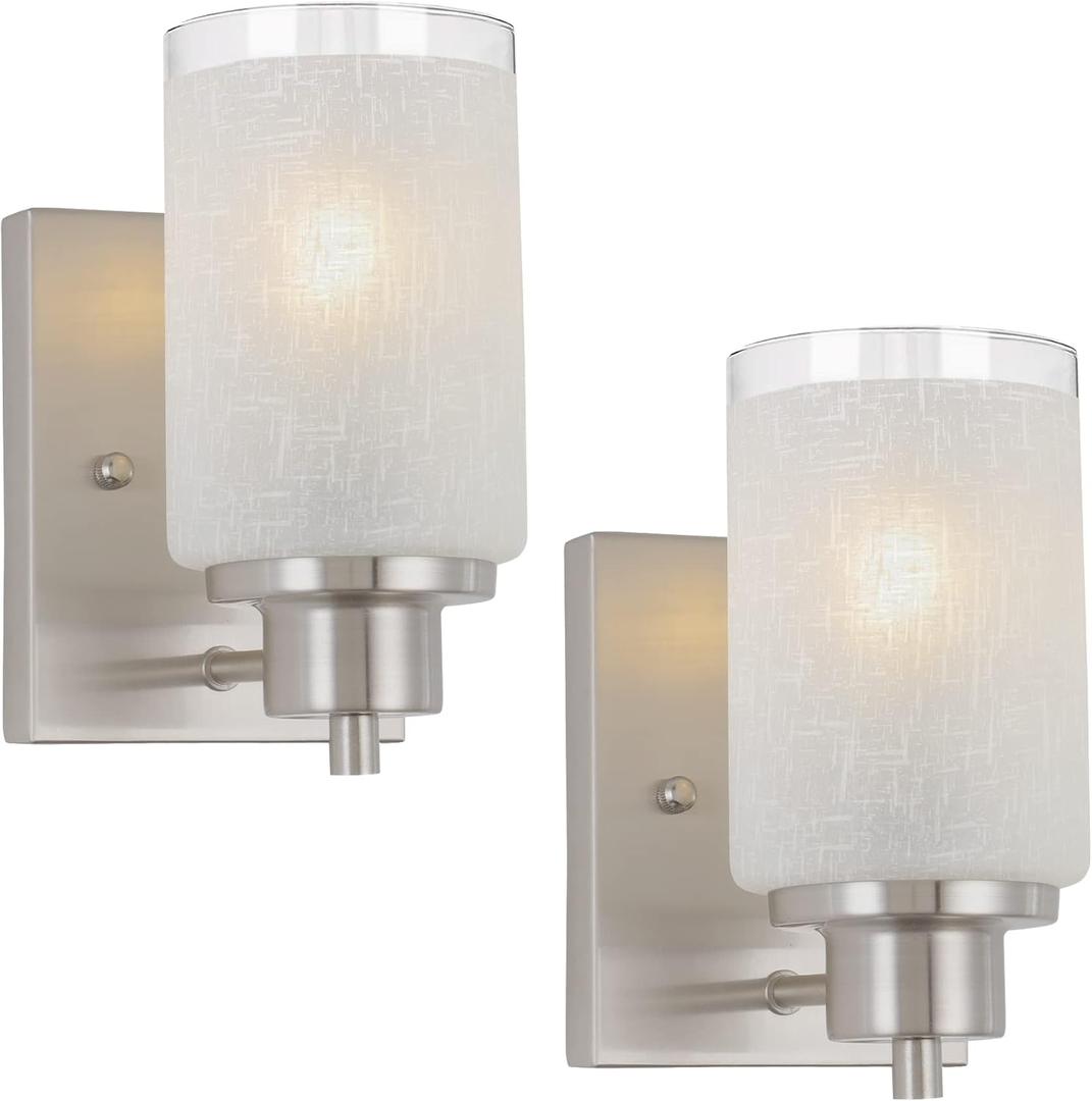 2 Pack Bath Vanity Light Fixture, Modern Indoor Wall Scone Lighting White Linen Frosted Glass Shades with Brush Nickle Finish Wall Lamp for Bathroom Kitchen Entryway Bedside