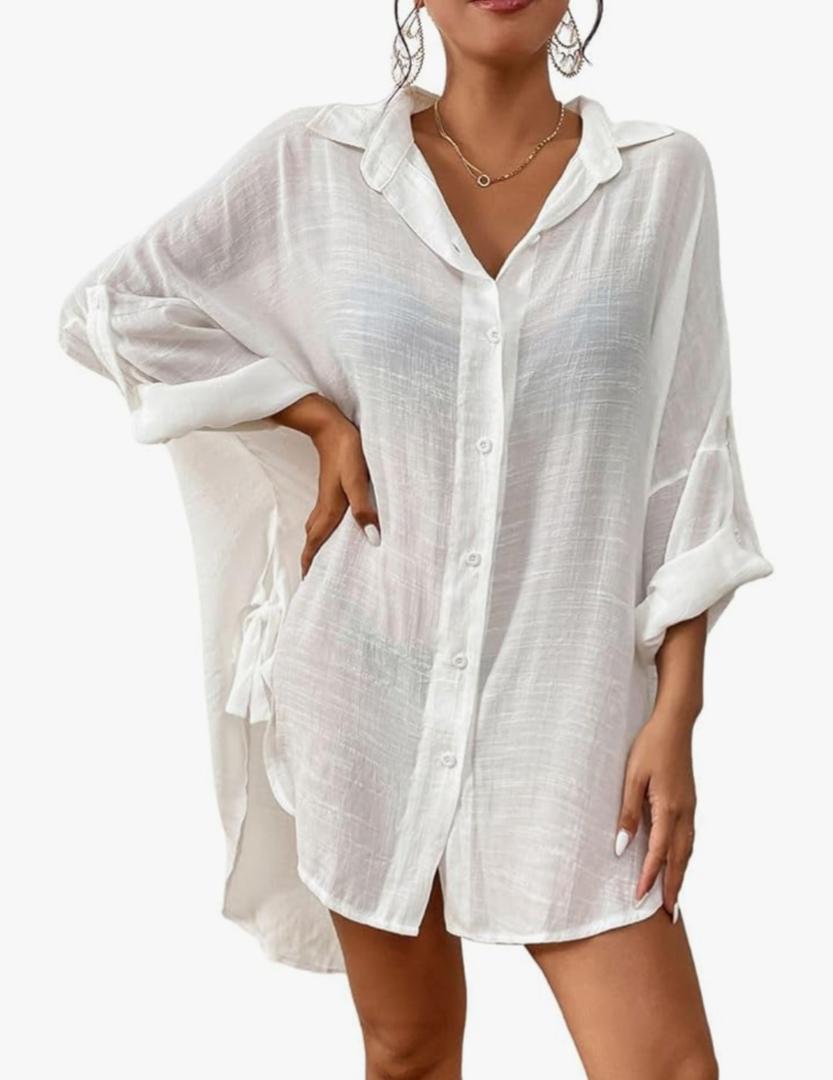 Bsubseach Linen Bathing Suit Cover Up Shirt Women Button Down Beach Cover Ups Split Tie Swimsuit Coverup Blouse , One Size, White 