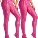 ZINTEDI 2 Pairs Fishnet Stockings for Women Fishnet Tights Sparkly Fishnets for Women (One Size, Hot Pink Fishnet)