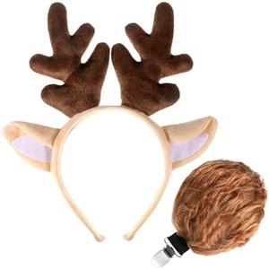 Apausvcm 2 Pcs Christmas Reindeer Antlers Headband, Fluffy Animal Deer Ears Hairband with Tail Cute Deer Ears Head Band Party Cosplay Costume Accessories Washing for Christmas Halloween