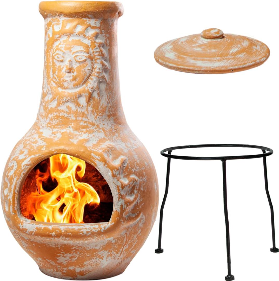 Wiosi Medium  Outdoor Fireplace Clay Chimineas with Chimney Rain Lids and Solid Metal Stands - Yellow Terracotta Chimenea - Rustic Fire Pit Chimnea 16 x 16 x 32-inch (Orange)