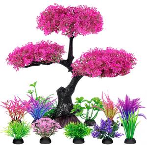 Ameliade Aquarium Artificial Plastic Plants Decoration, Pink Cherry Blossom Tree Aquarium Decor Set, Goldfish Betta Fish Tank Decorations Hides AccessoriesPink