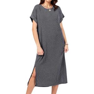 Womens Casual T Shirt Dress Summer Fall Crewneck Loose Fit Side Split Knee Length Dress Ribbed Pattern with Pockets (Gray, S)