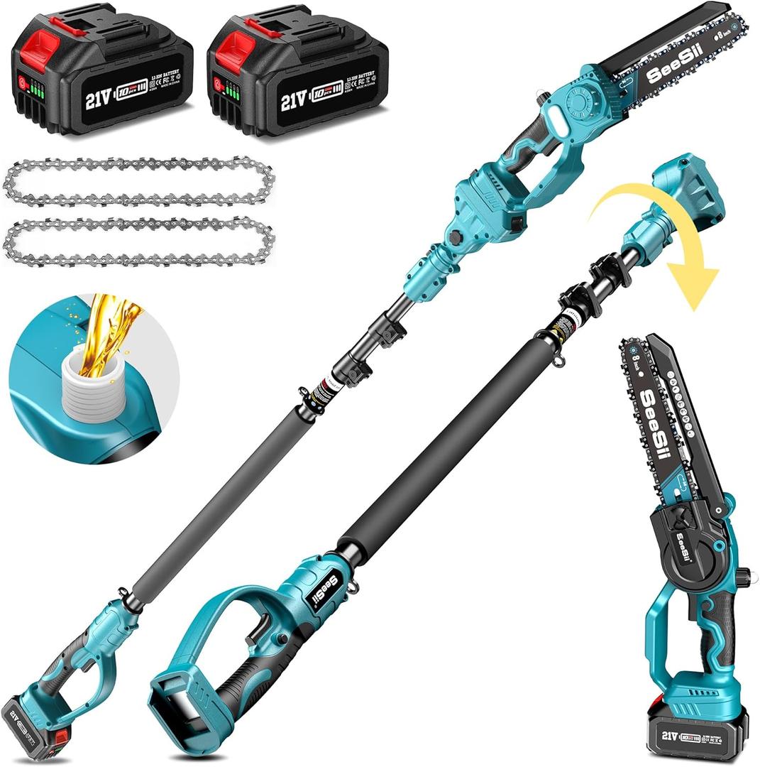 Seesii 2 in 1 Cordless 8 inch Pole Saw & Mini Chainsaw with 2 Battery, Power Electric Polesaw for Tree Trimming, Chain Saw with Extension Pole, Limb Branch Cutter Pruner PS800 (8 inch, Green Pole Saw)