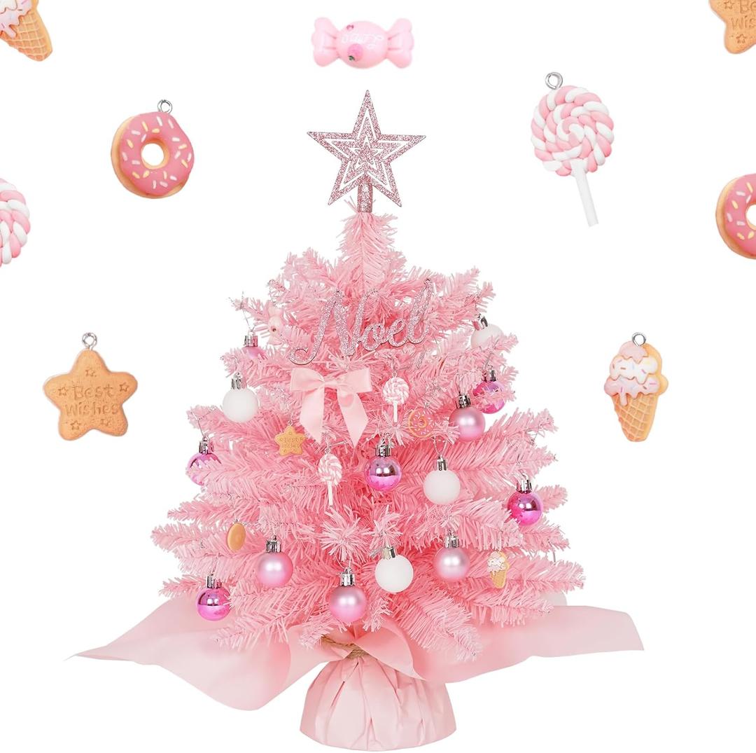 Wangchao Craft 20" Mini Pink Christmas Tree Table Top Artificial Xmas Tree Small Christmas Tree with Lights, Star Treetop and Balls, Tabletop for Girls Rooms
