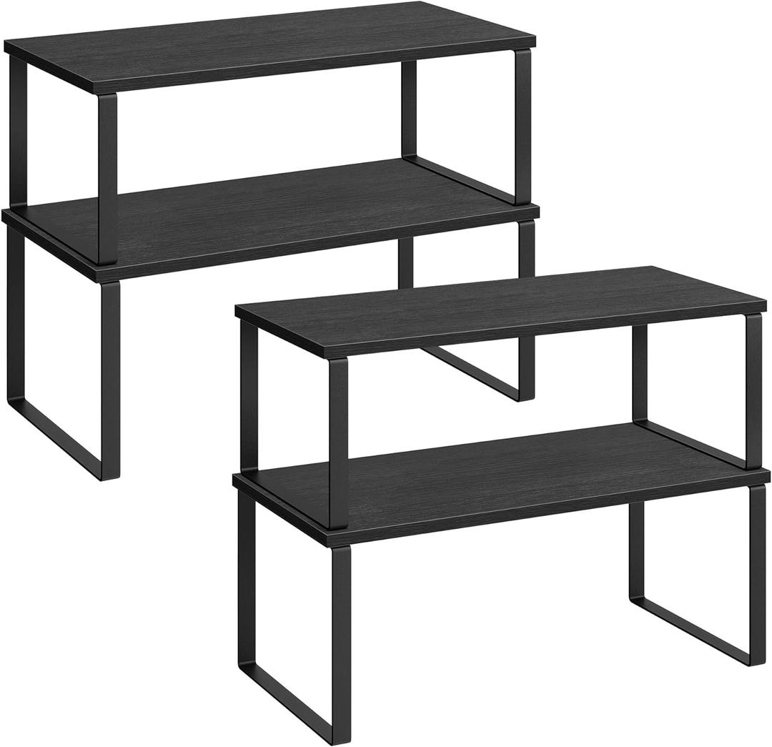 SONGMICS Cabinet Organizer Shelf, Set of 4 Kitchen Counter Shelves, Kitchen Storage, Spice Rack, Stackable, Expandable, Metal and Engineered Wood, Ink Black and Ebony Black UKCS028B01 (15.6"W)