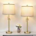 JUNNAI 2 Pack 22"-30" Adjustable Height Table Lamps Set, Modern Gold Table Lamps with White Shade 3 Colour Temperature Pull Chain Tall Lamps for Living Room Bedroom Bedside End Table Nightstand