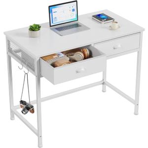 Furologee White Small Computer Desk with 2 Fabric Drawers for Bedroom,34 Inch Simple Home Office Writing Desk, Vanity Desk with Hooks, Study Table for Adults Student Small Spaces