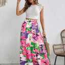 POPZONE Women Maxi Skirt Floral Boho Tiered Fall Summer Flowy Skirts Casual High Waist Long Skirts for Women (S)