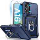 Goton Compatible with Samsung Galaxy A16 5G Case with Camera Cover & 360 Kickstand Ring with Tempered Glass Screen Protector, Military Grade Shockproof Protective Bumper Cover for A16 5G 4G Blue