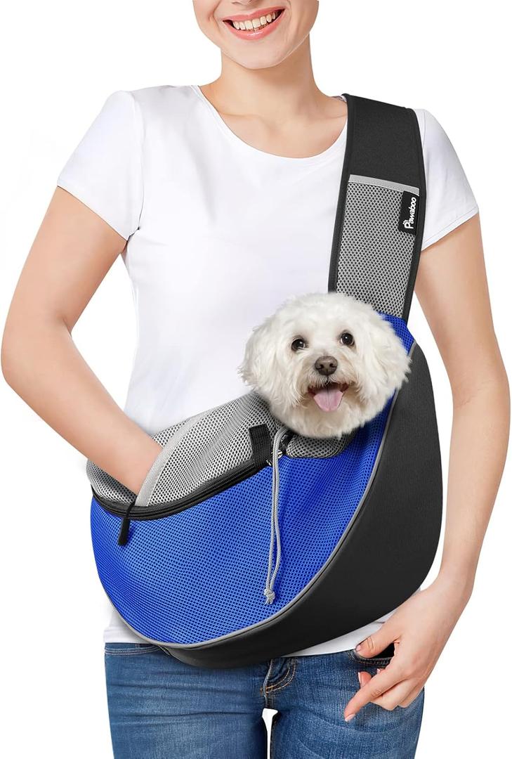 Pawaboo Dog Sling Carrier, Dog Papoose with Zipper Touch Pocket, Hand Free Breathable Mesh Puppy Carrier, Crossbody Satchel Dog Purse with Adjustable Strap for Outdoor Travel, Blue, Large