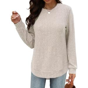 Beimuc Long Sleeve Shirts for Women Tunic Tops 2025 Fall Clothes Lightweight Crewneck Sweaters Loose Fit Curved Hem (Pink, L)