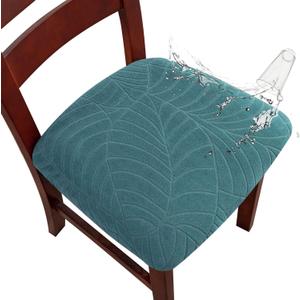 Genina Waterproof Seat Covers for Dining Room Chairs, Stretch Chair Covers Removable Washable Dinning Room Kitchen Chair Seat Cushion Slipcovers (Leaves-Peacock Blue, 6 PCS)