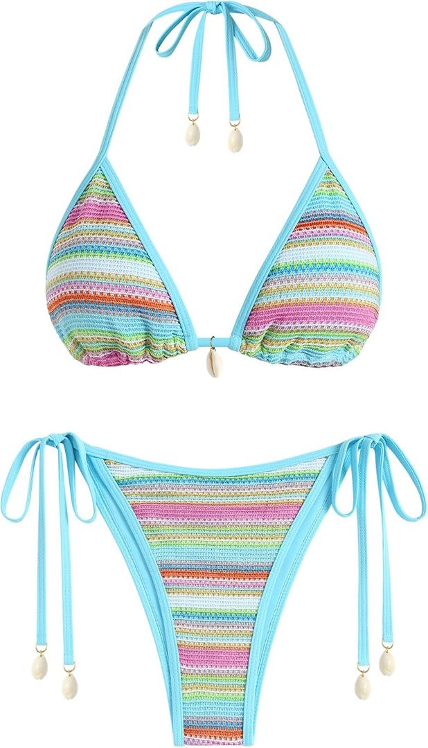 ZAFUL Women's Colorblock Stripes Triangle Halter Tied Cheeky Thong Bikini Set High Cut Two Piece Bathing Suit, Size: M