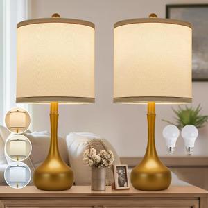 23" Farmhouse Golden Metal Table Lamp Set of 2, Modern Bedside Lamps with 3 Color Temperature for Living Room, Bedroom, Night Stands, Dorm, Office, Home Decor, Linen Shade (Bulb Included)