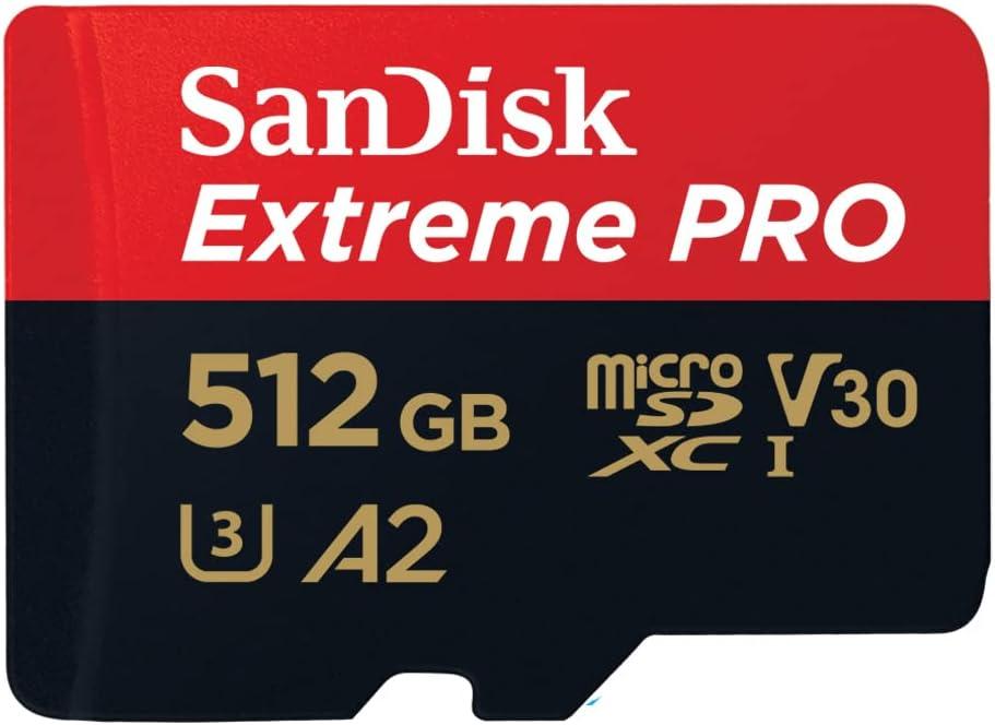 SanDisk Extreme PRO microSDXC UHS-I Memory Card 512 GB + Adapter & RescuePRO Deluxe (for Smartphones, Action Cameras or Drones, A2, Class 10, V30, U3, 200 MB/s Transfer)