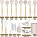 Feuora Silicone Kitchen Cooking Utensils Set, 33pcs  446F Heat Resistant, Non-stick, BPA-Free, Wooden Handles, Spatula, Turner, Tongs, Spoon, Brush, Whisk  Essential Cooking Gadgets (Khaki)