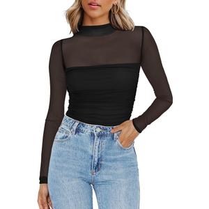 Womens Mesh Sheer Long Sleeve Top Mock Turtle Neck See Though Shirts Ruched Sexy Casual Going Out Blouses, S