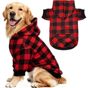 Red Plaid Dog Hoodie Soft Warm Fleece Lined Dog Sweater Hoodie with Leash Hole and Pocket Elastic Pet Coat Clothes Dogs Sweatshirt for Dogs(Red A,XX-Large)
