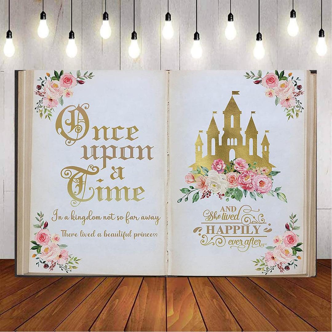 Aumeko 8x6ft Once Upon a Time Backdrop Pink Floral Gold Castle Princess Fairytale Birthday Party Decoration Girls First Birthday Party Photobooth Backdrop Supplies Cake Table Decorations
