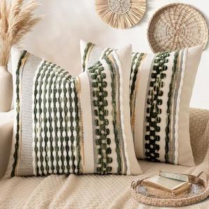 ANRODUO Pack of 2 Boho Decorative Throw Pillow Covers 18x18 Farmhouse Cushion Case Striped Chenille Pillow Cases Square Pillow Covers Accent Neutral Pillowcase for Sofa Couch Bed, Olive Green Stripe