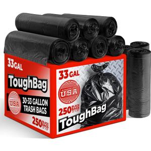 ToughBag 30-33 Gallon Trash Bags Heavy Duty, 32 x 38" Black Garbage Bags (250 COUNT) 30+, 32 Gallon Trash Bags - Made In USA