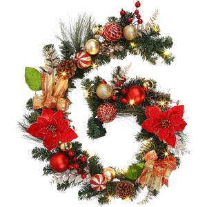 LinTimes Christmas Garland with Lights, Pre-lit Red Garland Decoration with 20 LEDs, Battery Operated Garland with Red Flowers Ball Ornaments Gold Bow, Mantle Fireplace Holiday Party Decoration