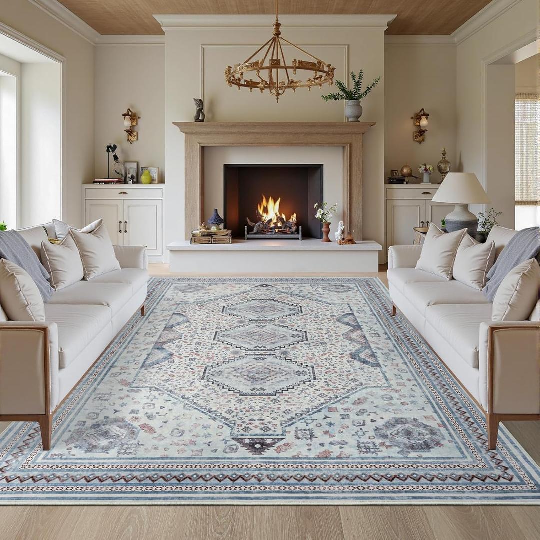 Maxsoft 8x10 Area Rug,Vintage Machine Washable Rugs for Living Room, Soft Non-Slip Low Pile Rug, Stain Resistant Rugs for Kitchen, Bedroom, Dining Room,Laundry Room,Nursery (Beige Blue)
