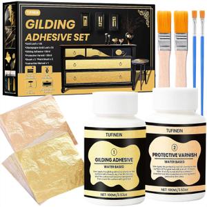 Gilding Adhesive Set, TUFINEIN 3.53oz/100ml Water Based Adhesive and Varnish, Gold Leaf and Champagne Gold Foil Gilding Kit, Furniture & Crafts Decoration, Art Painting, DIY Decorative Painting
