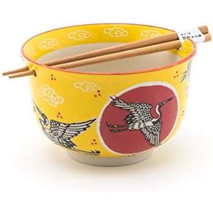 Fuji Merchandise Japanese Design Quality Ceramic Ramen Udong Noodle Bowl with Chopsticks Gift Set 6.25 Inch Diameter (Japanese Crane)