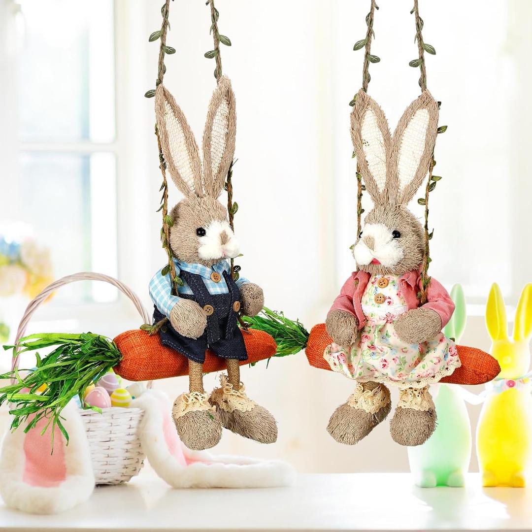 Lineshading 2 Pcs Easter Decorations 13.8 Inch Spring Hanging Easter Bunny Figurine on Carrot Swing Cute Farmhouse Decorative Woven Straw Rabbit Statue for Home Indoor Outdoor Craft Adornment Decor