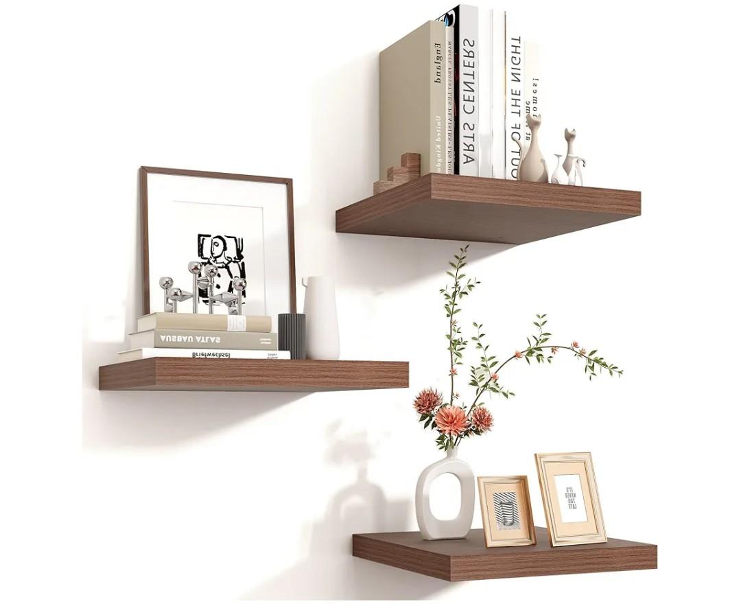 Square Floating Shelves for Wall12"W x 12"D x 1.2"H, Small Engineered Wood Wall Shelves with Invisible Brackets for Living Room Bedroom Bathroom Office Kitchen Storage Decor, Walnut Finish, Set of 3