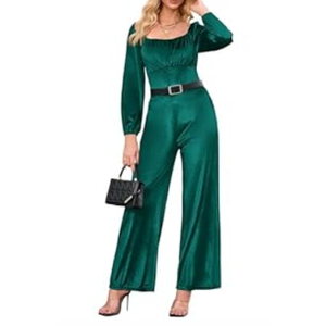 MAKABO Women's Long Sleeve Casual Jumpsuits One Piece Wide Leg Pant Square Neck Rompers Fashion Outfits with Pockets (Green, M)