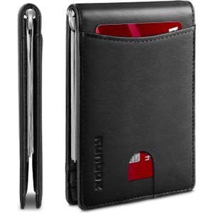 RUNBOX Slim Wallet for Men Genuine Leather RFID Blocking Bifold Minimalist Front Pocket Mens Wallet with Money Clip Thin Gift Box