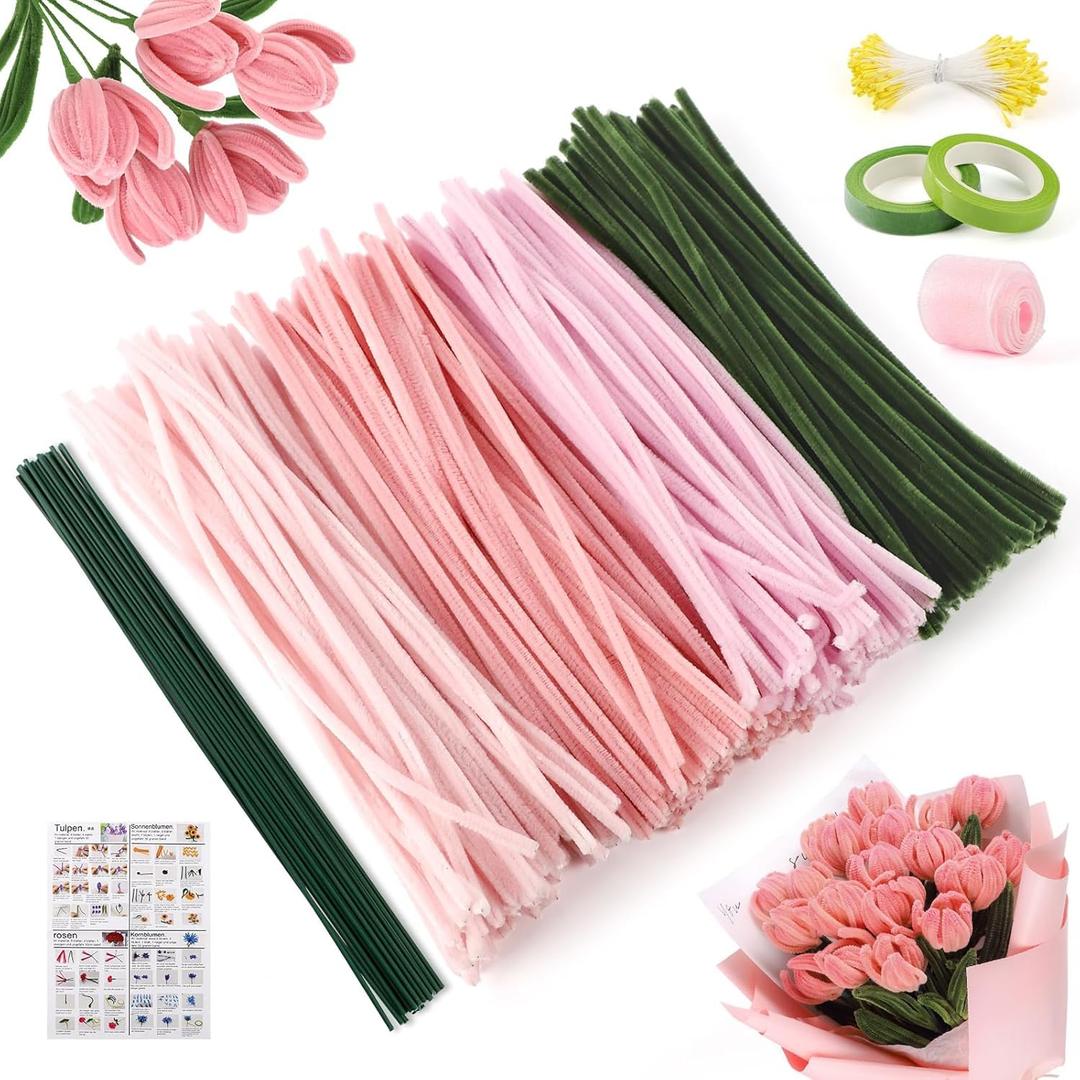 400 Pcs Pink Pipe Cleaners Kit, 4 Colors Chenille Stems DIY Bouquet | 12" Assorted Fuzzy Stalks with Floral Wire Stems, Tape & Ribbon. Perfect for Family Activities, School Arts & Flower Crafts
