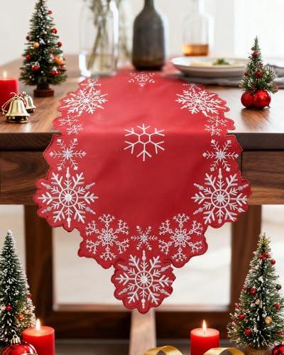 LRDOVIS Christmas Table Runner with Snowflake Embroidery, Winter Table Runner for Dining Room,Red Elegant Christmas Table Decor 13×70IN
