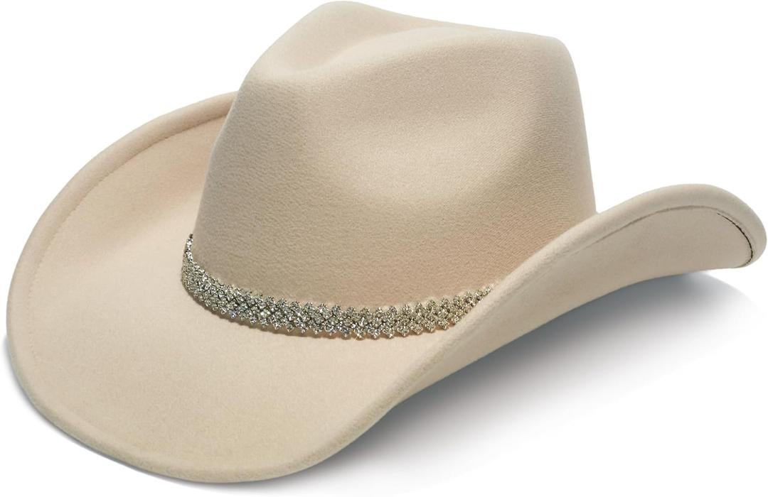 YOUBADU Faux Suede Felt Western Cowboy Hat for Women or Men, Wide Brim, Rivet Strap (Beige)