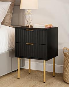 Masupu Nightstand, Mid-Century Modern Bedside Table with 2 Storage Drawer, Small Gold Frame Side End Table for Bedroom, Living Room, Black