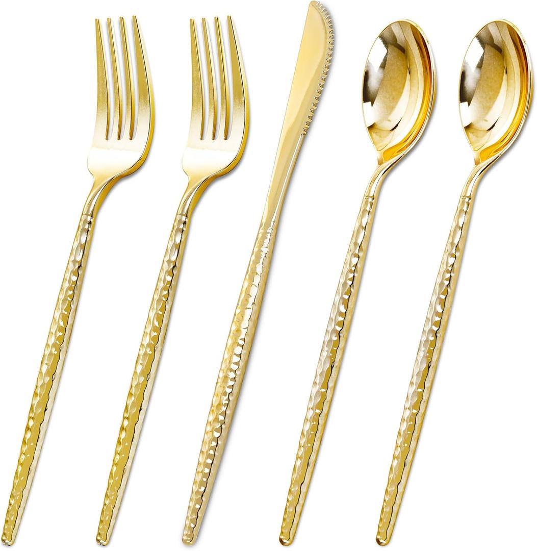 Rubtlamp 180 Pcs Gold Plastic Silverware  Disposable Plastic Utensils  Hammered Plastic Forks And Spoons  Gold Plastic Cutlery Set Include 60 Forks, 60 Knives And 60 Spoons for Party