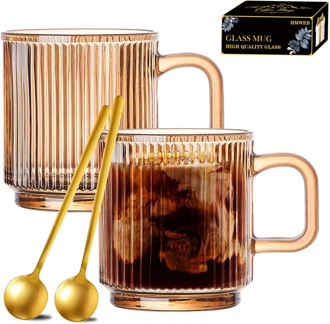 Glass Coffee Mug Espresso Cups for Coffee 12 oz Classical Vertical Stripes Glass Tea Cups Transparent Glasses for Latte Juice Chocolate Gift