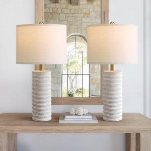 PoKat 27" Stone-Like Farmhouse Ceramic Table Lamps Set of 2 for Bedroom, Rustic Nightstands Lamps for Night Stands, Distressed Neutral Bedside Lamps with Natural Textured for Living Room, Home Decor