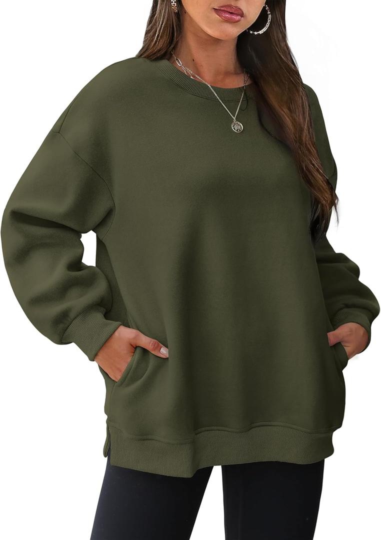 WIHOLL Womens Oversized Sweatshirts Crewneck Long Sleeve Tops Fleece Pullover Fall Fashion Clothes with Pocket (X-Large, Army Green)