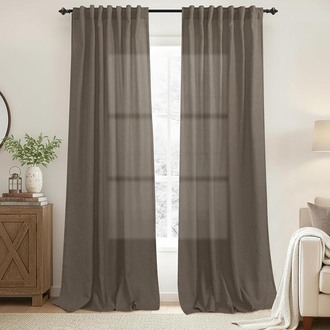 Dark Brown Linen Curtains 96 Inch Long 2 Panel Set Elegant High End Sheer Modern Curtain for Living Room,Neutral Farmhouse Winter Curtains for Bedroom,Mocha Taupe Grey Warm Brown Christmas Decor