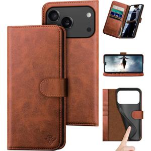 DuckSky Compatible with iPhone 17 Pro 6.3" Genuine Leather Wallet caseRFID Blocking4 Credit Card HolderReal Leather Flip Phone case Cover Women Men for Apple 17 Pro case Light Brown