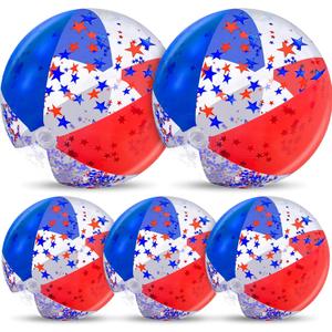 5 Pack 24 Inch & 16 Inch Patriotic Beach Balls, 4th of July Sequins Confetti Red White and Blue Large Beach Ball for Kids Adults 250th Anniversary USA Memorial Day Summer Pool Party Decorations Toys