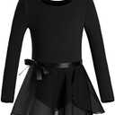 DANSHOW Girls Team Basic Long Sleeve Leotard with Skirt Kid Dance Ballet Tutu Dress, Size L ,6-8 Y