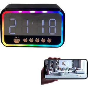 ULar 4K Camera Wireless Clock USB-Powered Picture Taking CamMotion Detection Pet Monitors for Home Indoor Security Cameras Support App Remote Colorful Alarm Clock - No Audio