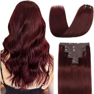 Sisily Clip in Hair Extensions Real Human Hair, Premium Human Hair Clip in Extensions Burgundy Red, Soft Straight Hair Extensions Real Human Hair Clip ins 7PCS Double Weft（18 Inch）