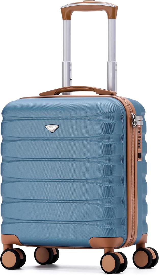 Flight Knight Carry On Suitcase 18x14x8" Hardside Built In TSA Lock & USB Port Lightweight Luggage Silent Double Spinner Wheels Maximum Underseat Carry-On Bag For American & United Approved Airlines (Blue/Tan)