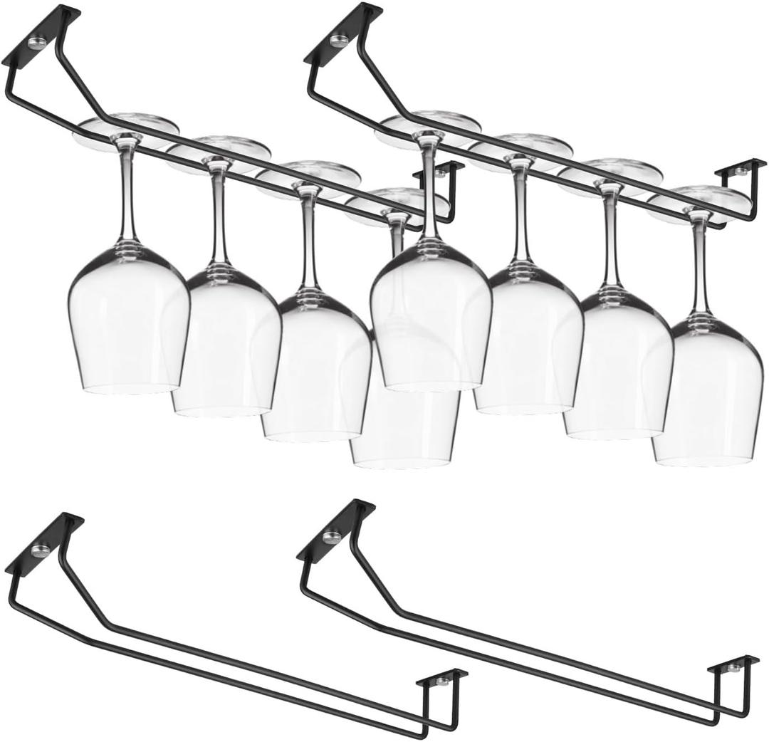14 Inch Black Wine Glass Rack, Under Cabinet Wine Glass Holder, Metal Stemware Rack Hanger for Kitchen Storage (2 Pack)